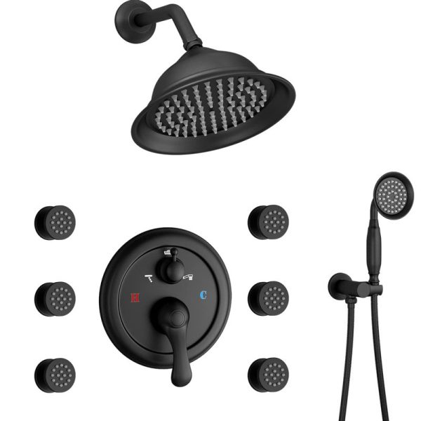 European Style Matte Black Shower Faucet Set 8 Inch Shower Jets Body Sprays System High Pressure Shower Head Set