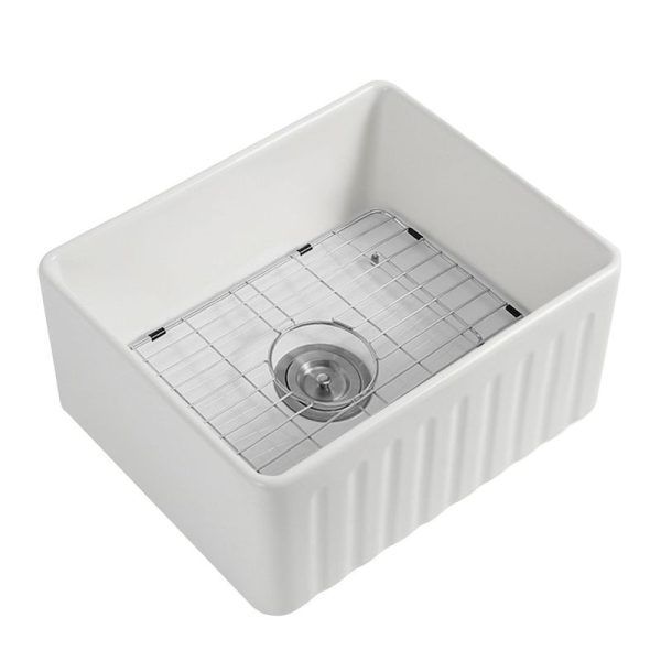 Farmhouse Sink 30 Inch White Kitchen Sinks Single Bowl Fireclay Apron Front Farm Deep Ceramic Basin Sink with Grids