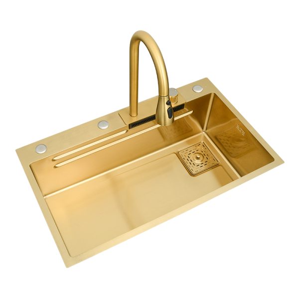 Golden Handmade Large Single Bowl Waterfall Kitchen Sink 304/201 Thickened Stainless Steel Nano Copper Smart Kitchen Sinks