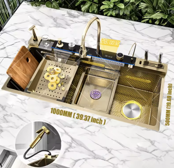 Golden Stainless Steel Waterfall Kitchen Sink Multifunctional Large Single Slot Digital Display Dishwashing Sinks