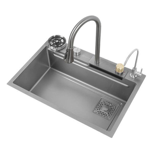 Gun Gray Kitchen Sink with Flying Rain Faucet and Stainless-steel Drain Basket Applicable to Hotel Kitchen Restaurant