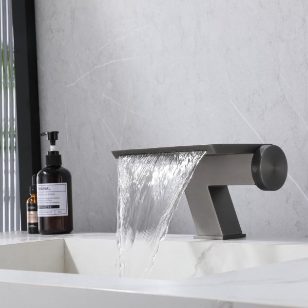 Gun Metal Waterfall Bathroom Sink Faucet Stainless Steel Vanity Water Tap Single Handle Wash Basin Faucet