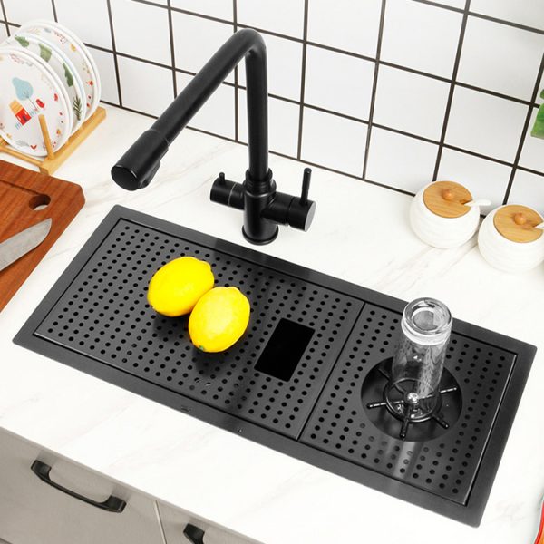Handmade 304 Stainless Steel Kitchen Sink Single Square Bowl Countertop with Drainboard and Faucet