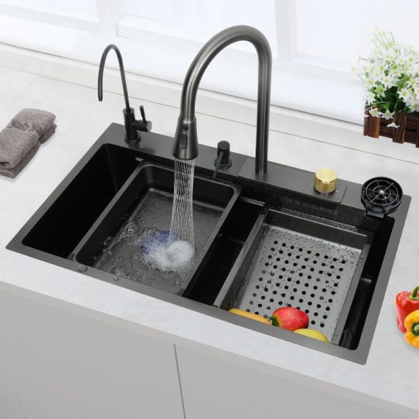 Multifunctional Stainless Steel Kitchen Sink Single Bowl Waterfall Faucet Four Holes Accessory-Rich Design