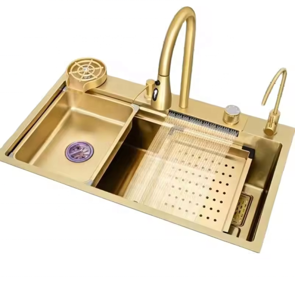 Handmade Large Waterfall Design 304/201 Stainless Steel Single Bowl Kitchen Sink with Faucet