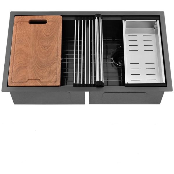 Handmade Modern Black 304 Stainless Steel Undermount Double Bowl Kitchen Sink
