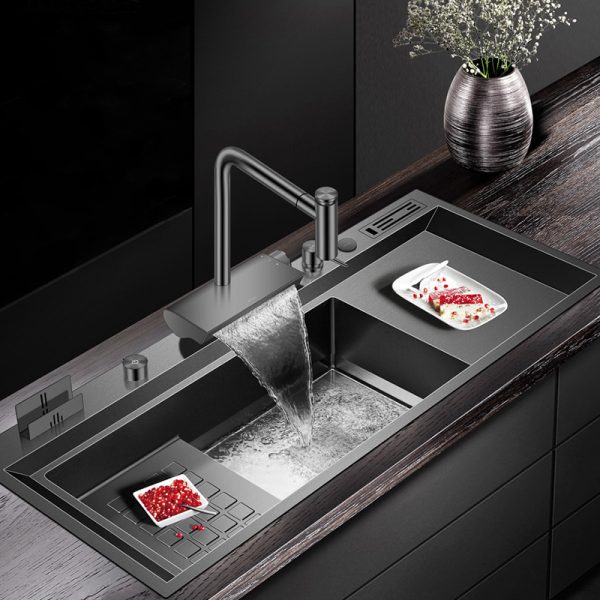 Handmade Single Bowl Waterfall Kitchen Sink Digital Black Step 304 Stainless Steel Square Shape with Faucet Included