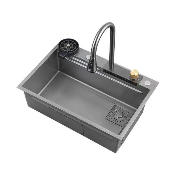 Handmade Stainless Steel Kitchen Sink SS304 Full Set Kitchen Accessories Waterfall Faucet Flying Rain Basin Design One Three