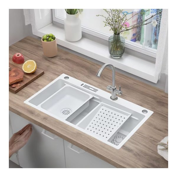 Handmade White Stainless Steel Single Bowl Sink Large Nano Rectangular Design Two Holes Counter Installation Undermount Type