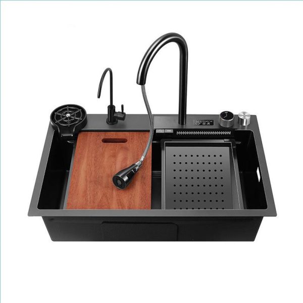 High-Quality 18 Gauge 304 Stainless Steel Kitchen Sink Single Bowl Design with Waterfall Faucet & Digital Temperature Display