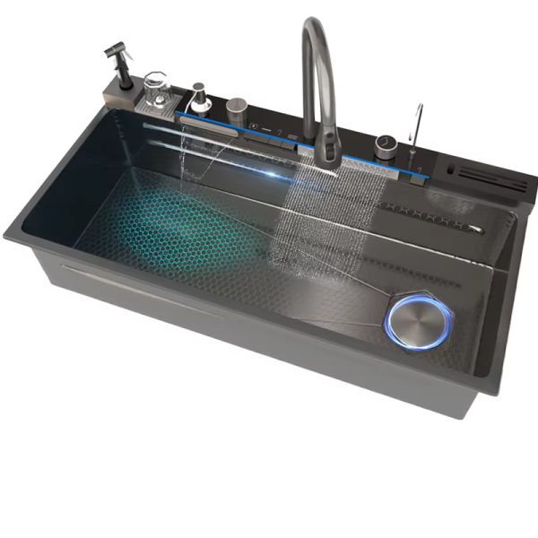 High Quality Hand-Made Stainless Steel Sink With Temperature Digital Display Honeycomb Embossingtechnology Piano Switch Button
