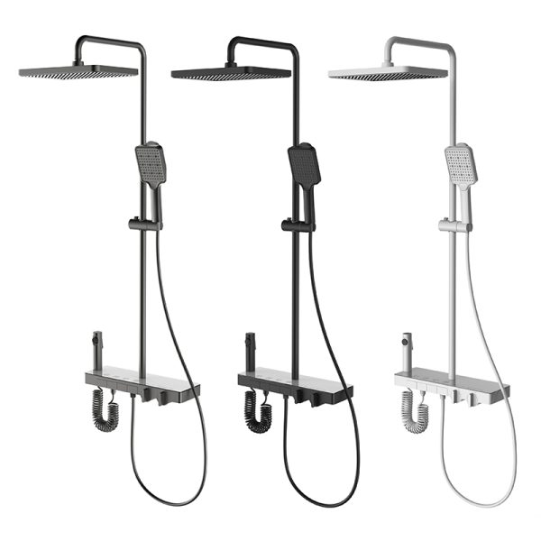High Quality Single Black Gun Gray Copper Piano Finish Brass Shower System Set Rainfall Shower Head Ceramic Temperature Control