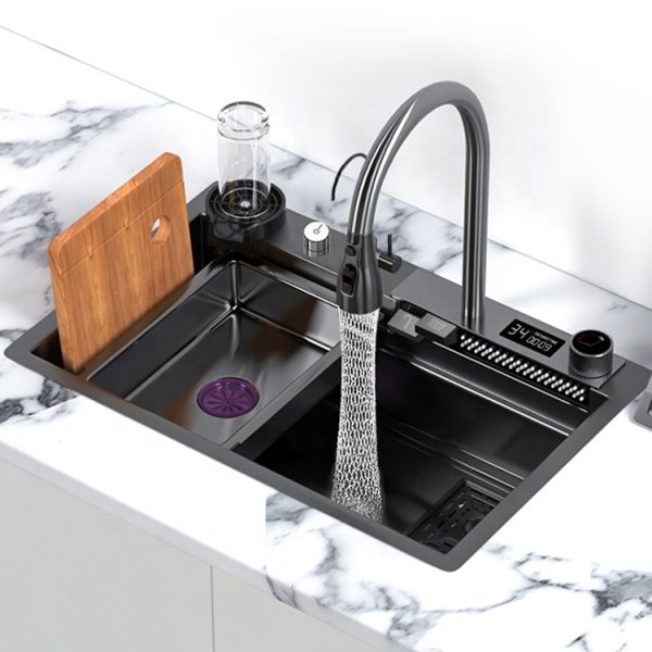 High-Tech Luxury Digital Countertop Stainless Steel Sink Modern Black Undermount Square Bowl Waterfall Multifunction for Kitchen