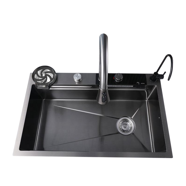 High-Tech Single Bowl Stainless Steel Kitchen Sink with Multi-Functional LED Digital Display Faucet Countertop Faucet