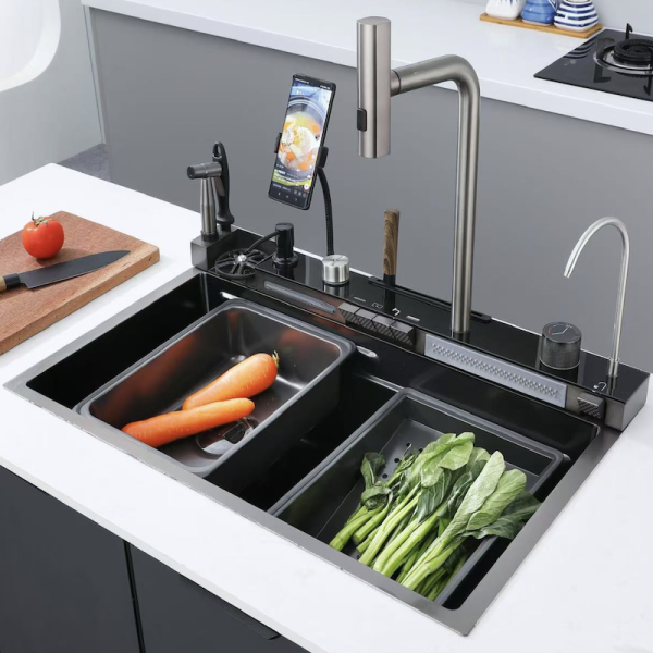 High Tech Stainless Steel Sink Single Bowl Black Kitchen Sink Digital Waterfall Faucet Single Bowl Smart Kitchen Sink