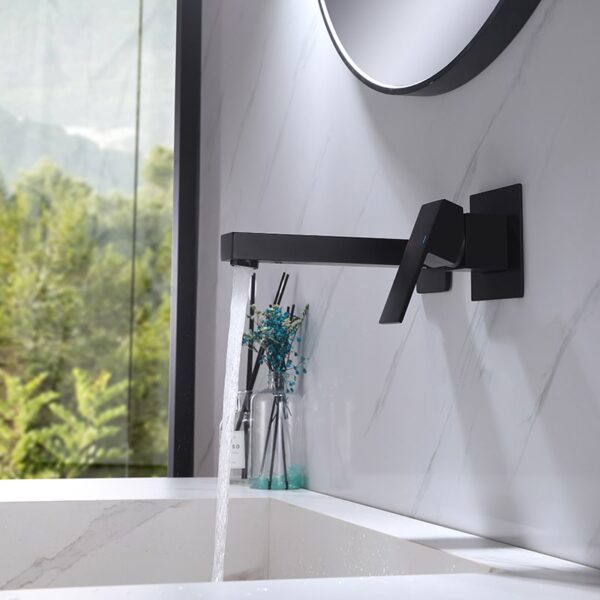 High quality Modern Matte Black Brass Wall Mount Waterfall Bathroom Sink Faucet 10