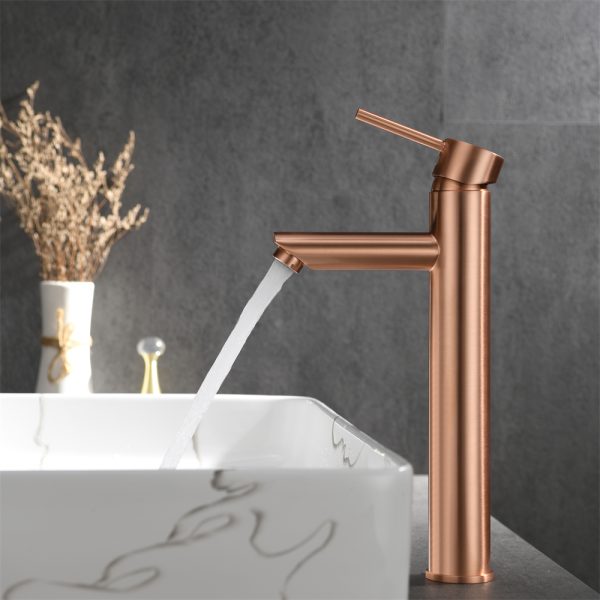 Hot Cold Water Supply Deck Mounted High Wash Basin Faucet Brushed Rose Gold Finished Brass Single Hole Bathroom Basin Tap
