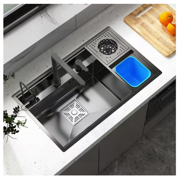 Single Bowl Kitchen Sink Black Multifunctional with Hidden Faucet Trash Can and Three Holes
