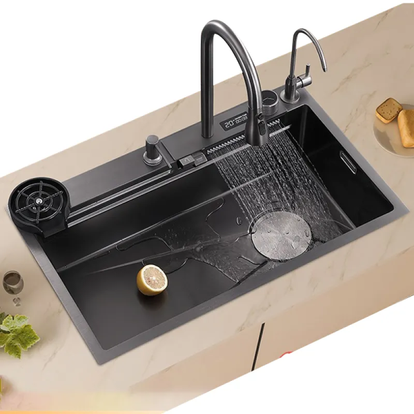 Hot Selling Modern NANO Technology Digital Display Gun Grey Multi-Function Piano Key Kitchen Sink with Kitchen Faucet Set