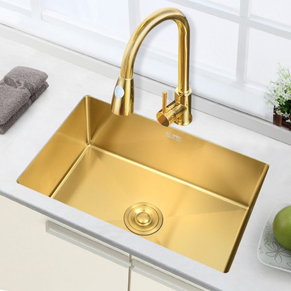 Hot Selling Modern Single Bowl Kitchen Sink Handmade in Nano Gold Color Stainless Steel with Faucet and Accessories