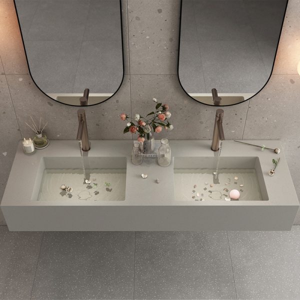Hotel Commercial Project Rectangle Cement Vessel Basin Wall Hung Double Bowl Hand Wash Basin Concrete Big Bathroom Sink