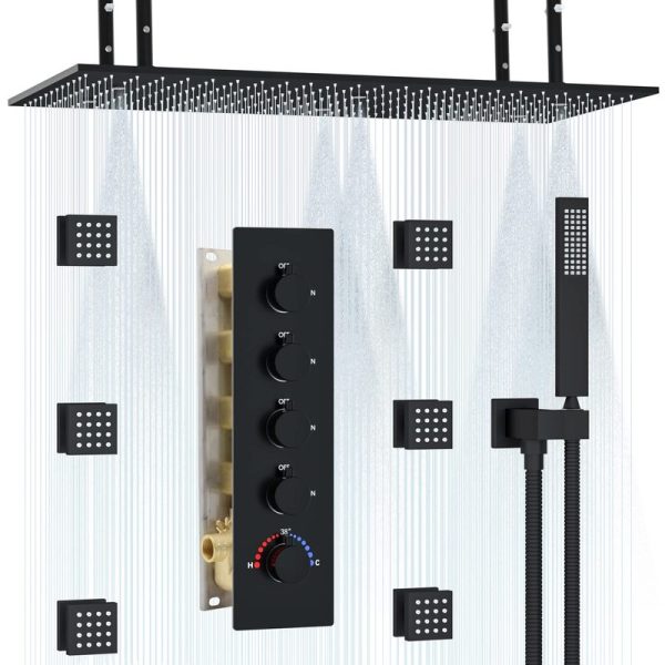 Hotel-Grade Black Brass Wall-Mounted Shower Bath Mixer Concealed Rainfall Faucet Set for Apartment Bathroom Hot Cold Water
