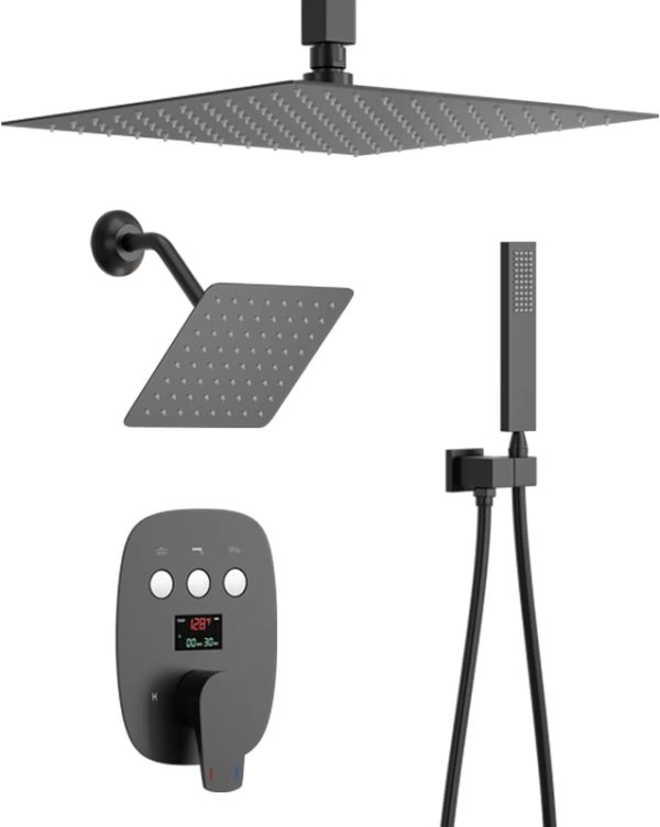 Hotel Matte Black Bathroom Shower Thermostatic Set Square Stainless Steel Shower Smart System Set with Digital Display