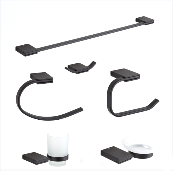 Hotel Wall Mounted Bathroom Hardware  6 Pcs Matte Black Brass Bathroom Accessory Set