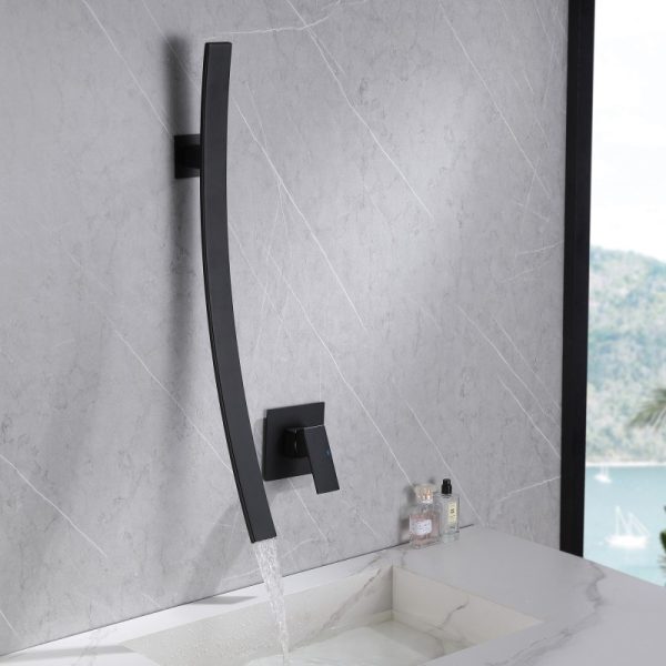 Hotel Wash Basin Faucet Matte Black Faucet Tap Waterfall Brass Single Handle Wall Mounted Bathroom Sink Faucet