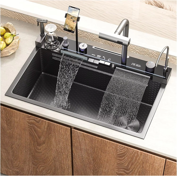 Kitchen Sinks 304 Stainless Steel Kitchen Sink Faucet Modern Black Waterfall Rainfall Single Bowl Kitchen Sink Set