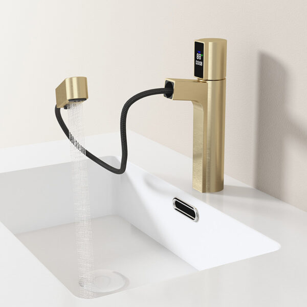 Wholesale Bathroom Sink Faucet with Pull Out Sprayer, Brushed Gold Fahrenheit Degree Temperature LED Digital Display Bathroom Bains Faucets - Image 3