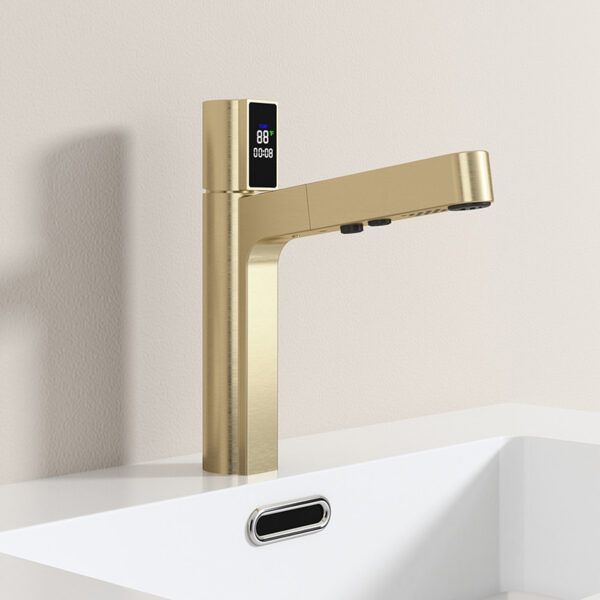 Wholesale Bathroom Sink Faucet with Pull Out Sprayer, Brushed Gold Fahrenheit Degree Temperature LED Digital Display Bathroom Bains Faucets - Image 7