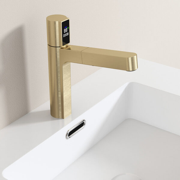 Wholesale Bathroom Sink Faucet with Pull Out Sprayer, Brushed Gold Fahrenheit Degree Temperature LED Digital Display Bathroom Bains Faucets - Image 5