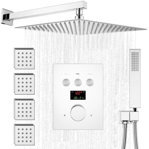 LED Digital Display Shower System with Body Jets 12 Inch Wall Mounted Rain Shower System
