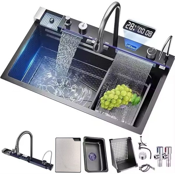 LED Digital Nano Handmade Modern Single-slot Thickened 304 Stainless Steel Waterfall Faucets Multifunction Smart Kitchen Sink