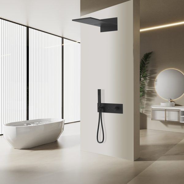 Modern Black Brass Waterfall Shower Set Bathroom Bath Rainfall Concealed Shower Faucet System