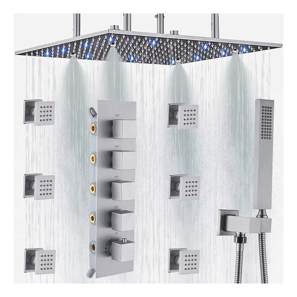 Large 16" Dual Function LED Shower Head Brushed Nickel Thermostatic Handheld System LED 16" Large Bathroom Faucet Accessories"