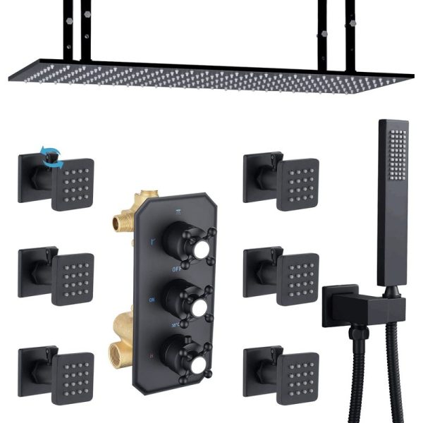 Large Rainfall Shower System Body Spray Matte Black Bathroom Thermostatic Shower Faucet Mixer Set