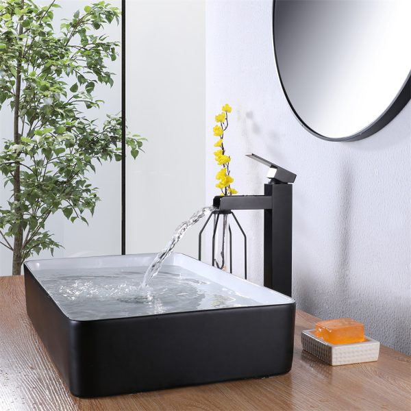 Long Neck Square Bathroom Faucet Waterfall Spout Hot and Cold Brass Basin Mixer Tap