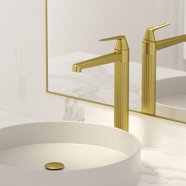 Luxury Basin Mixer Faucet Deck Mounted Brass Lavatory Vanity Faucet Single Handle Brushed Gold Taps for Bathroom