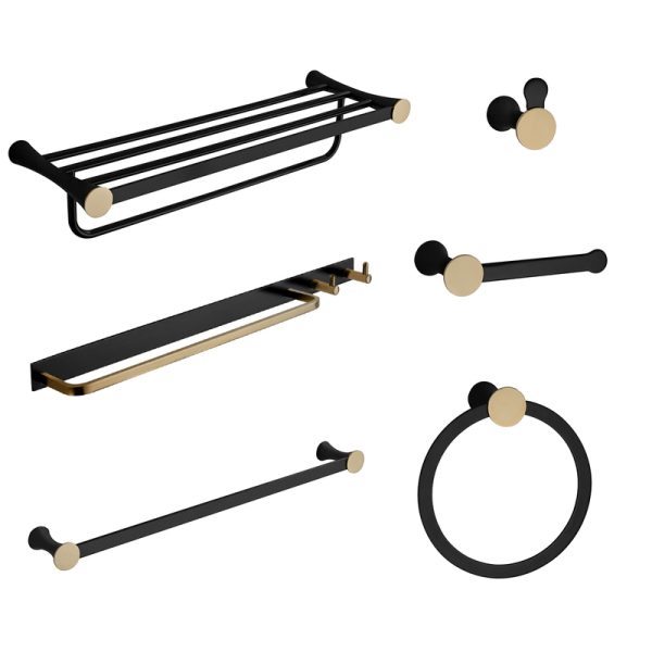 Luxury Bathroom Design Wall Mount Black Gold Brass 6 Piece Bathroom Accessories Set