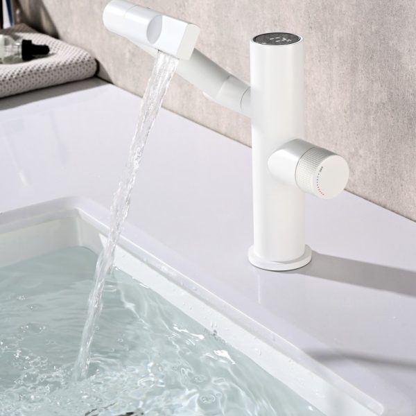 Luxury Bathroom Sink Faucet Digital Waterfall Basin Mixer Faucet Deck Mounted White Rotating Vanity Faucet