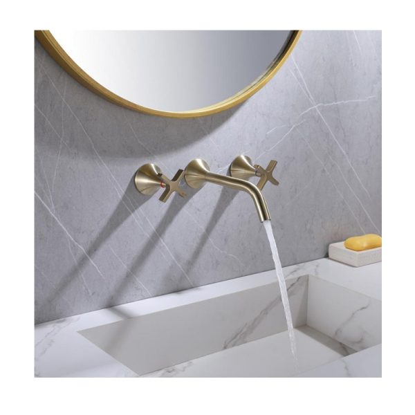 Luxury Bathroom Sink Faucet Dual Handle Wall Mount Washbasin Faucet Copper Brushed Gold Bathroom Mixer Tap