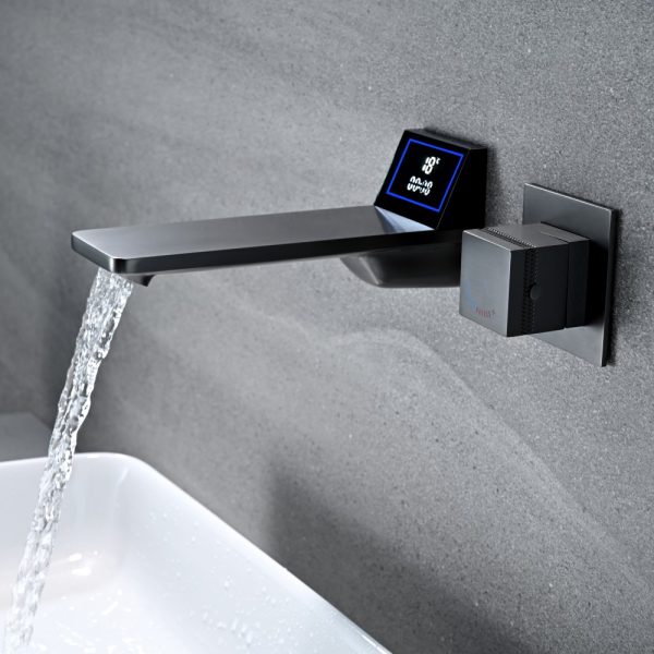 Luxury Bathroom Sink Faucet LED Digital Waterfall Brass Basin Mixer Faucet Wall Mounted Lavatory Vanity Faucet