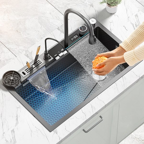 Luxury Black Smart Kitchen Sink with Waterfall Double Faucet and Knife Holder Plate for Home Kitchen