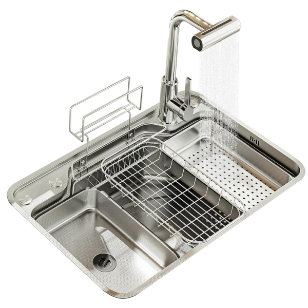 Luxury Brushed Waterfall Single Bowl with Rice Grain Embossing Technology  Multifunctional Sinks with Storage Rack
