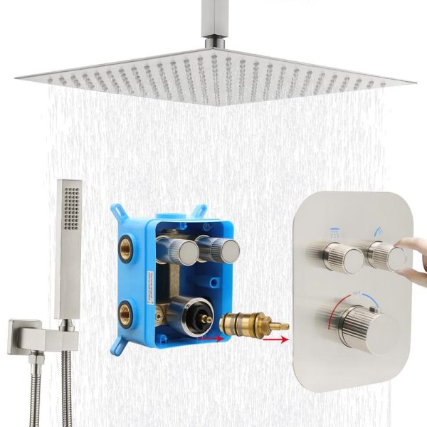 Luxury Copper Shower Set Brushed Nickel Modern Shower and Bath Set Thermostatic Rain Shower System for Toilet Bathroom Washroom