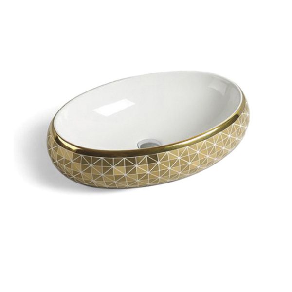 Luxury Design Bathroom Oval Shape Ceramic Gold  Wash Hand Lavatory Sink Art Basin
