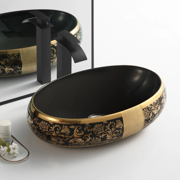 Luxury Design Black Gold Ceramic Sanitary Ware Large Above Counter Sinks Long Oval Gold Pattern Bathroom Basin