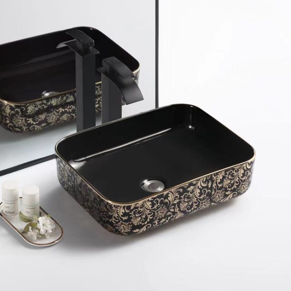 Luxury Design Hotsale in Muslim Country Black Color  with  Gold Plating Wash Hand Art Sink Basin